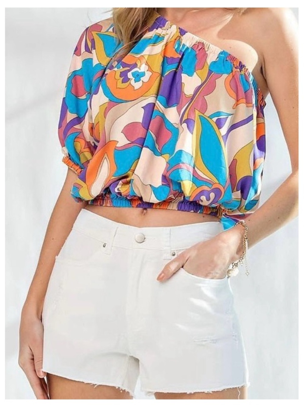 🟠NWT EASEL One Shoulder Top w/Elastic Waist in Parrot Blue LARGE